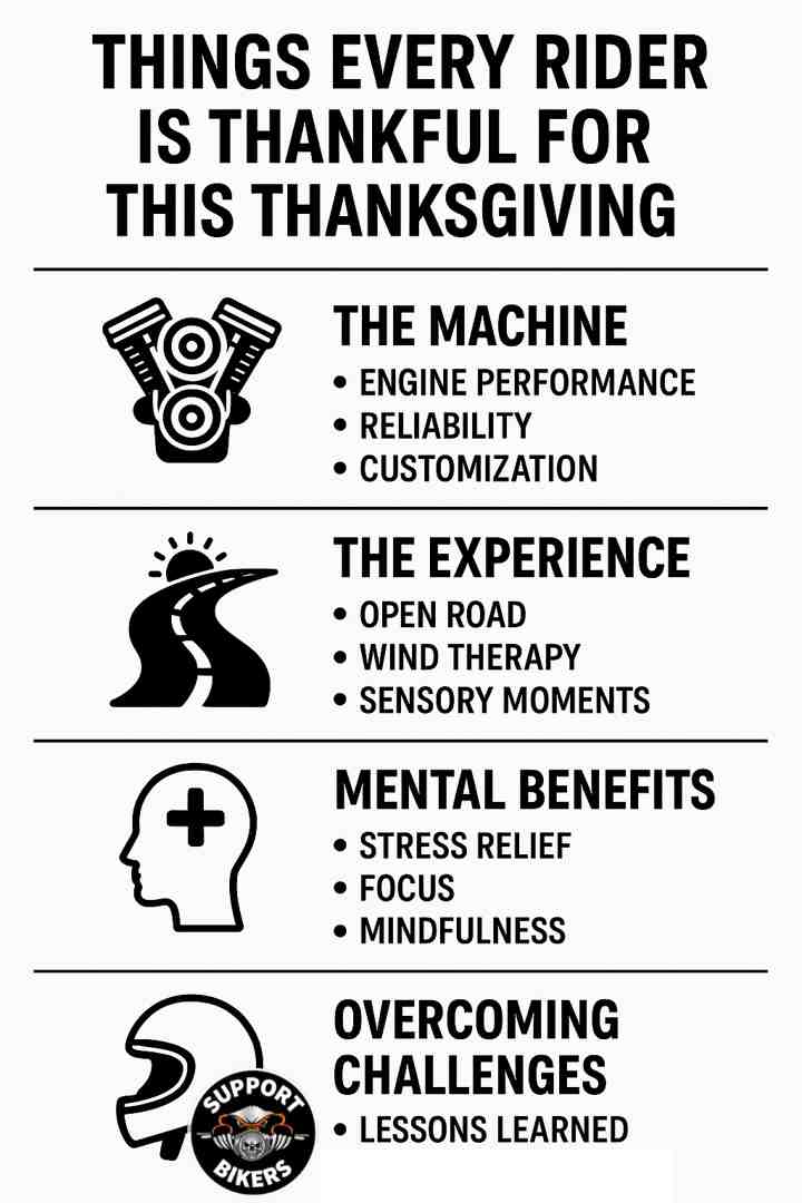 Infographic showing rider gratitude categories: The Machine (engine performance, reliability, customization), The Experience (open road, wind therapy, sensory moments), Mental Benefits (stress relief, focus, mindfulness), Community (riding buddies, supportive family, local shops), and Overcoming Challenges (lessons learned, safety gear, mechanical skills) - Things Every Rider Is Thankful For This Thanksgiving infographic pillar-3-steps