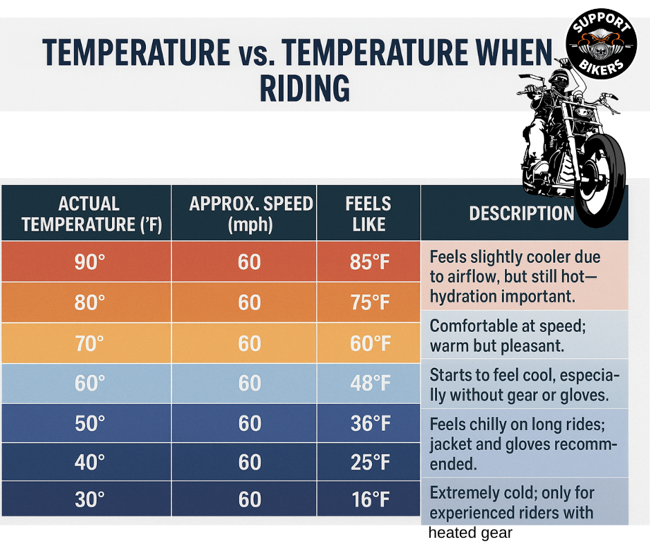 Infographic showing temperature drop from wind chill: At 40°F ambient temperature, riding at 30 mph feels like 28°F, at 60 mph feels like 19°F; At 20°F ambient, 30 mph feels like 4°F, at 60 mph feels like -10°F; Core body temperature drops when extremities constrict blood flow; Hypothermia risk begins below 95°F core temperature -  keep warm when riding in the winter infographic 4_facts_emoji_light-gradient