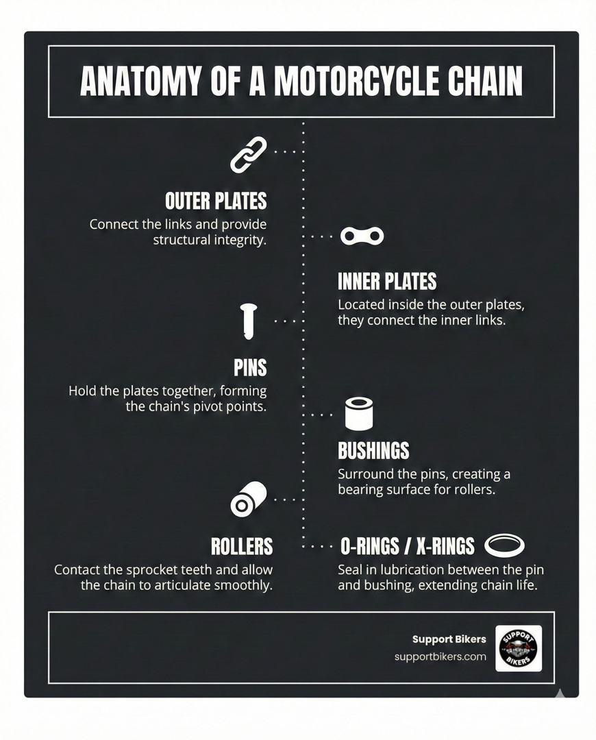 Infographic showing the anatomy of a motorcycle chain with labeled components: outer plates connecting the links, inner plates inside the outer plates, pins holding the plates together, bushings around the pins, rollers that contact the sprocket teeth, and O-rings or X-rings sealing in lubrication between the pin and bushing - Worn chain symptoms infographic brainstorm-6-items