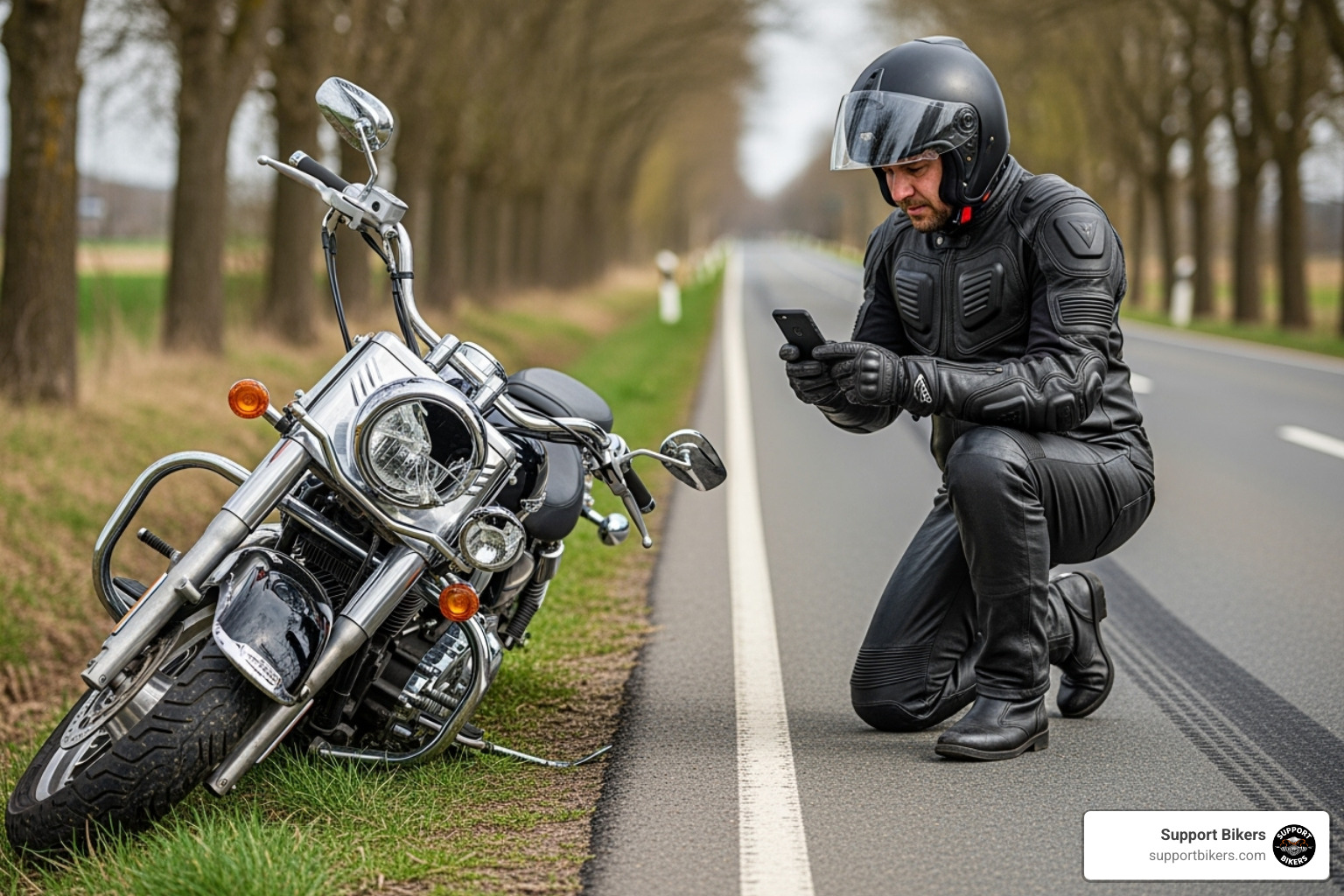 A rider taking photos of their American style motorcycle and the accident scene with a smartphone - what to do if injured