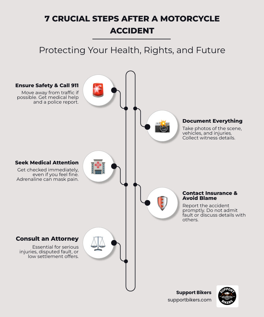 Infographic showing 7 crucial steps after motorcycle accident: 1) Ensure safety and move from traffic, 2) Call 911 for medical and police, 3) Document scene with photos, 4) Exchange information with all parties, 5) Seek immediate medical attention, 6) Report to insurance company, 7) Consult attorney for serious cases - motorcycle accident help infographic infographic-line-5-steps-neat_beige