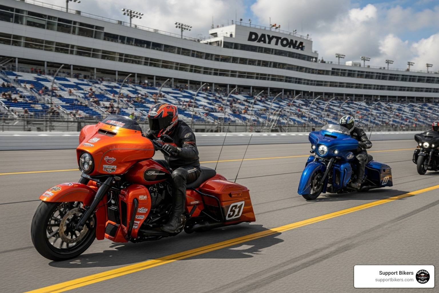 Bagger motorcycles racing at Daytona International Speedway - daytona bike week 2026
