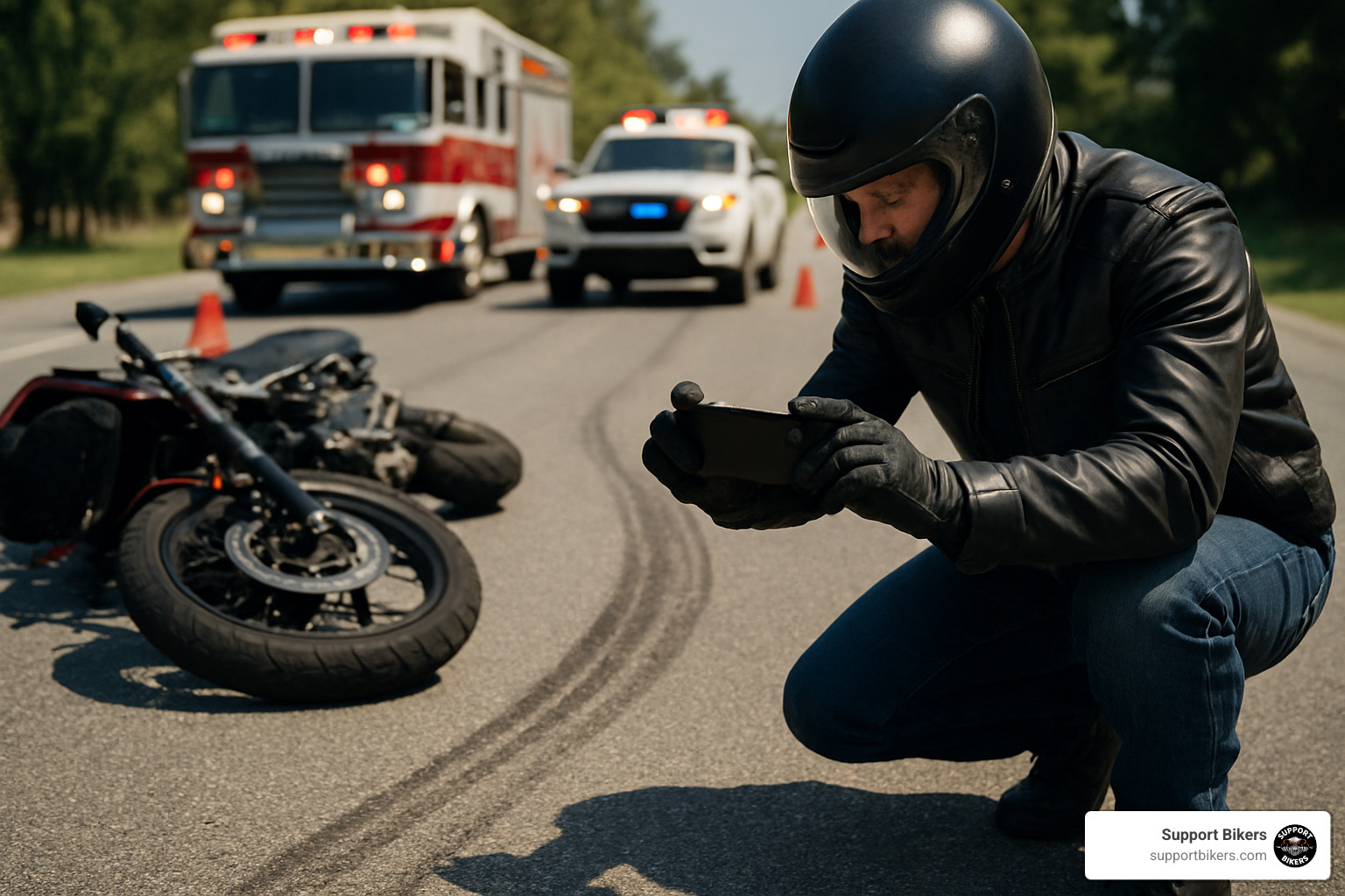 rider using smartphone to photograph motorcycle accident skid marks - can I sue motorcycle accident