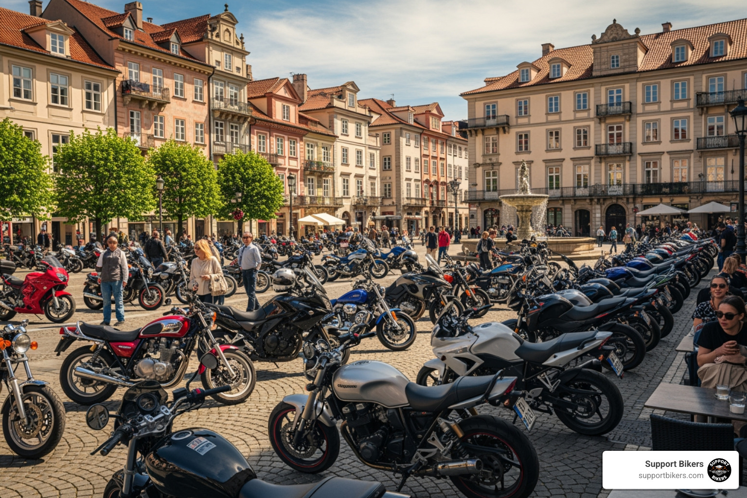 diverse group of motorcycles parked in a European city square - a2 motorbike license diverse group of motorcycles parked in a European city square - a2 motorbike license