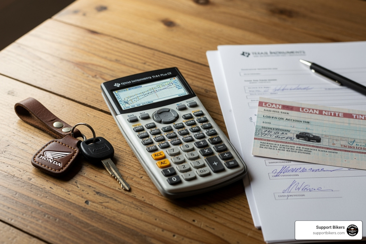 calculator and motorcycle keys on a table with paperwork - motorcycle accident settlement process