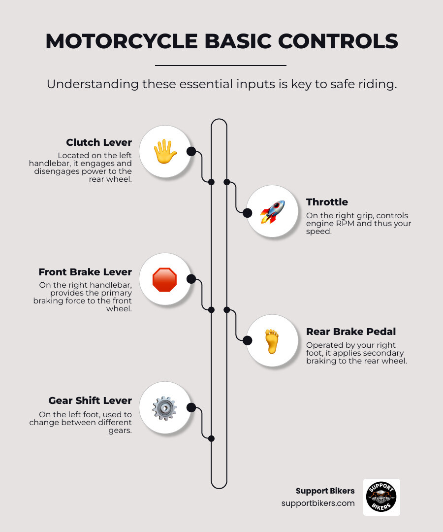 Infographic showing motorcycle basic controls including clutch lever on left handlebar, throttle on right grip, front brake lever on right handlebar, rear brake pedal on right foot, and gear shift lever on left foot, with arrows pointing to each control and simple labels - learn to ride a bike infographic infographic-line-5-steps-elegant_beige