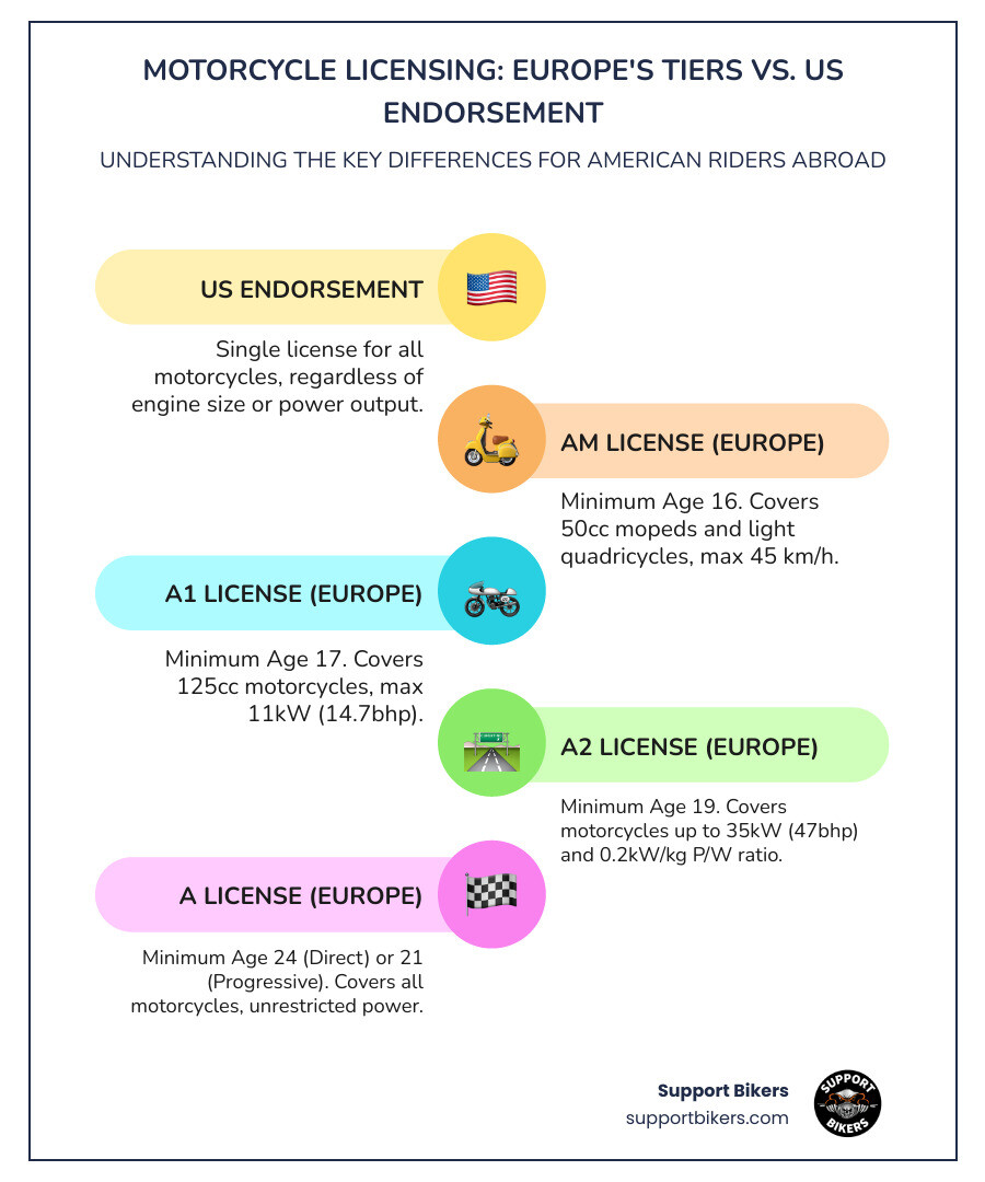 Infographic comparing European tiered motorcycle licensing system (AM for 50cc mopeds age 16+, A1 for 125cc bikes age 17+, A2 for 35kW bikes age 19+, full A for unrestricted bikes age 24+ or 21+ with progressive access) versus typical US single motorcycle endorsement system where one license covers all motorcycles regardless of power or size - a2 motorbike license infographic infographic-line-5-steps-colors Infographic comparing European tiered motorcycle licensing system (AM for 50cc mopeds age 16+, A1 for 125cc bikes age 17+, A2 for 35kW bikes age 19+, full A for unrestricted bikes age 24+ or 21+ with progressive access) versus typical US single motorcycle endorsement system where one license covers all motorcycles regardless of power or size - a2 motorbike license infographic infographic-line-5-steps-colors