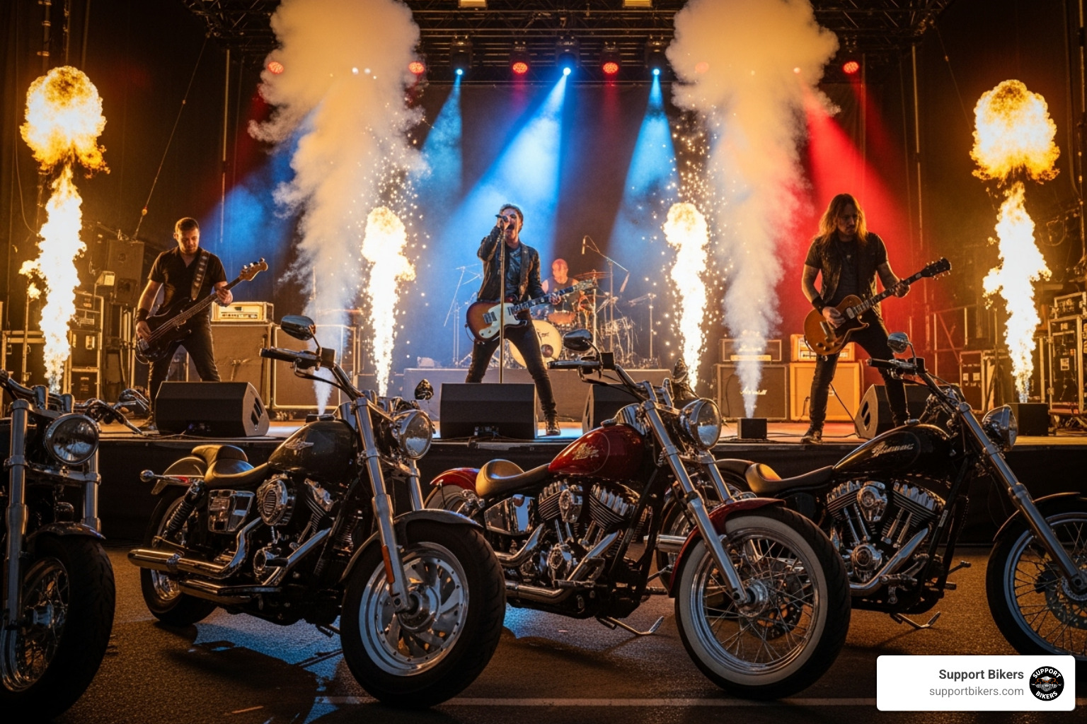 A rock band performing on an outdoor stage at night with American-style motorcycles parked in the foreground - gettysburg bike week