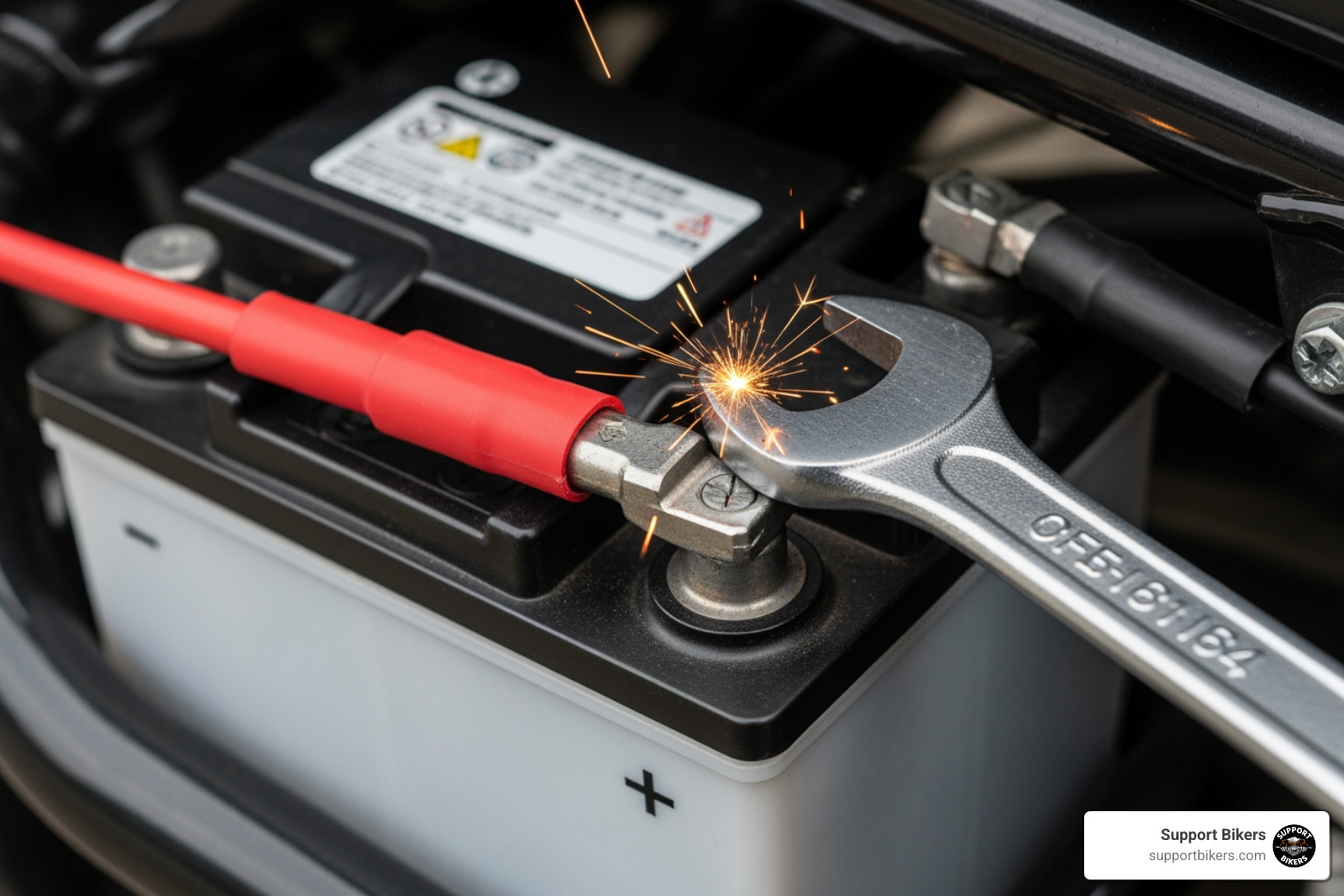 diagram showing how a wrench can create a short circuit by touching the frame if the positive terminal is disconnected first - disconnect motorcycle battery diagram showing how a wrench can create a short circuit by touching the frame if the positive terminal is disconnected first - disconnect motorcycle battery
