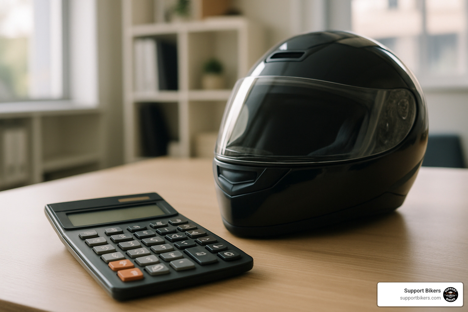 calculator next to motorcycle helmet - motorcycle accident lawsuit funding