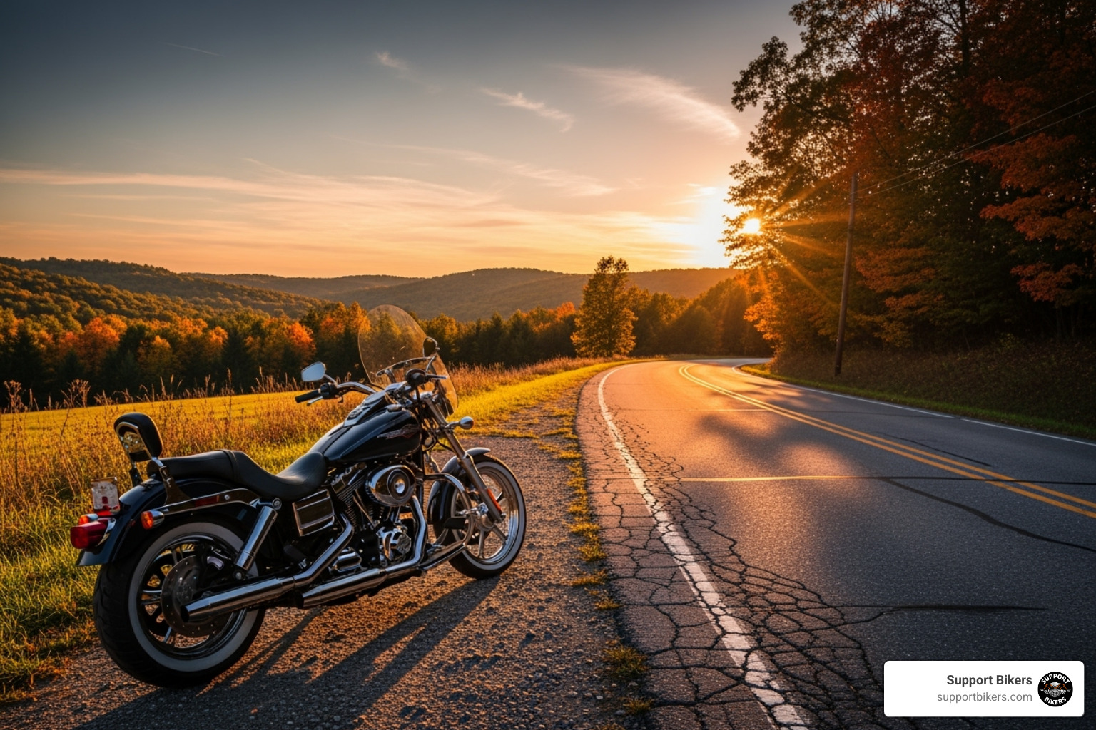 a lone American-style cruiser motorcycle at sunset on a rural Michigan road - motorcycle events in michigan 2025