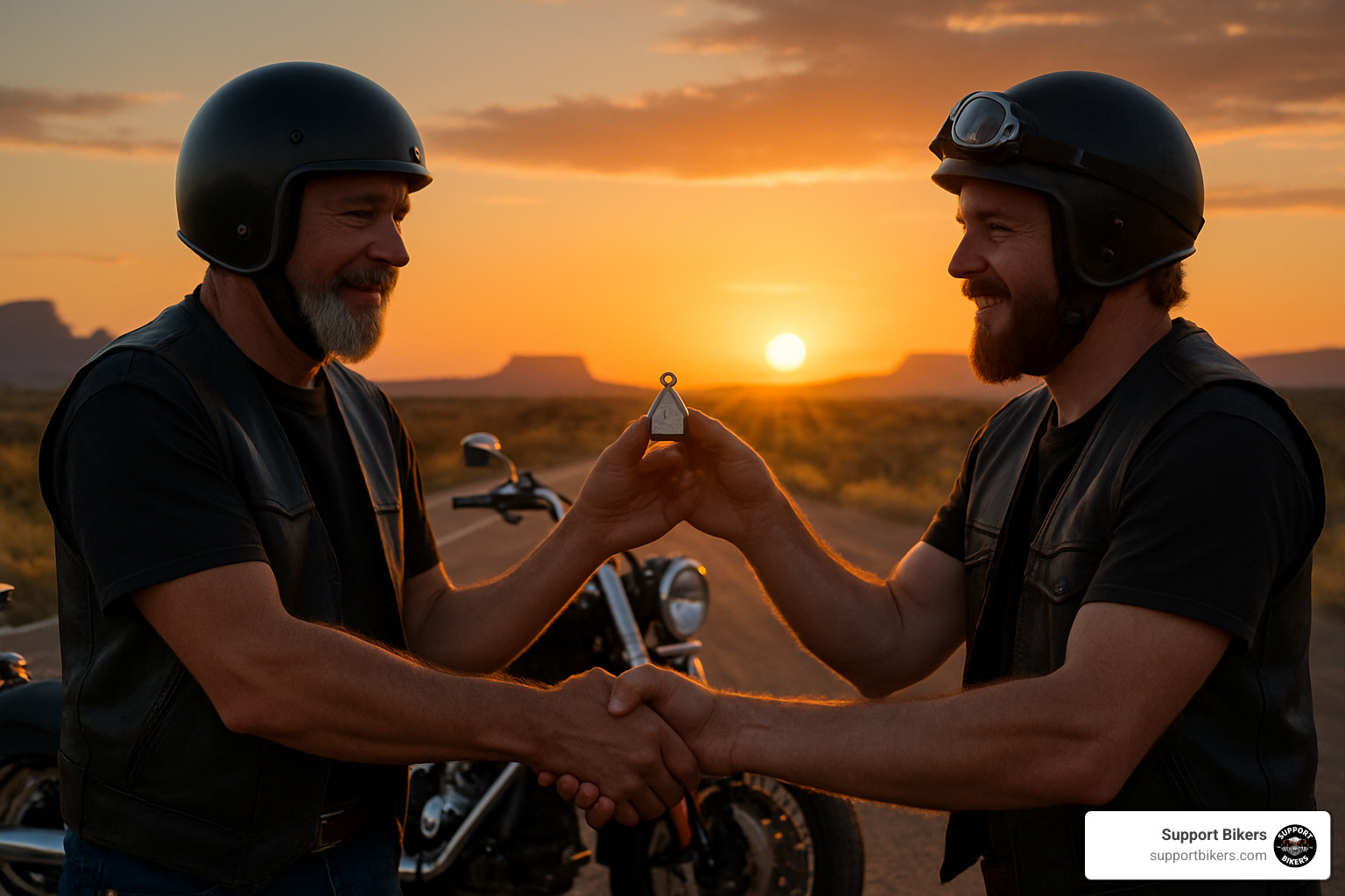 rider gifting a bell at sunset - guardian angel bells for motorcycles