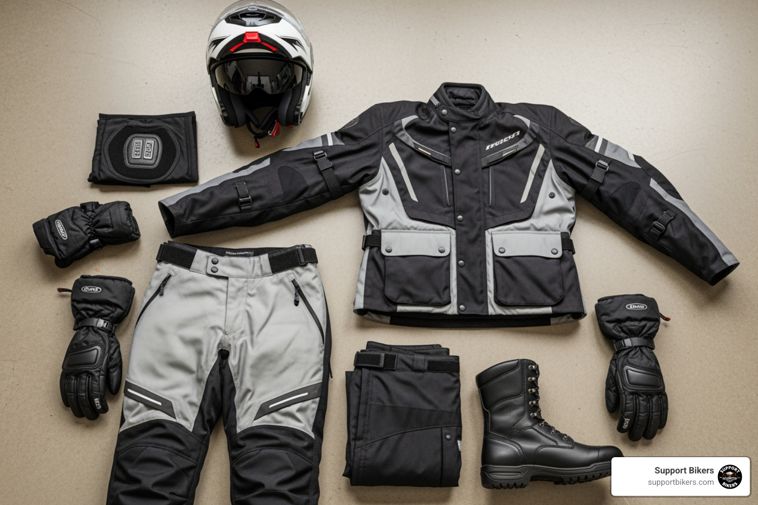 cold weather riding gear laid out - how to stay warm on a motorcycle in cold weather