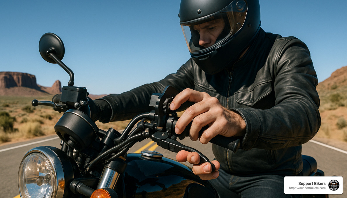 rider adjusting throttle lock during ride - motorcycle cruise control throttle lock