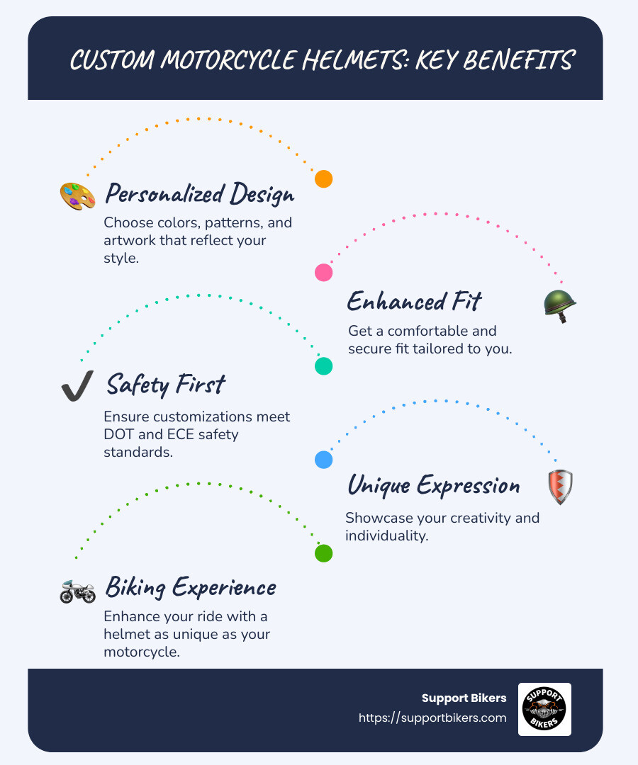 A detailed breakdown of custom motorcycle helmet options and benefits in list form - Custom motorcycle helmets infographic infographic-line-5-steps-blues-accent_colors