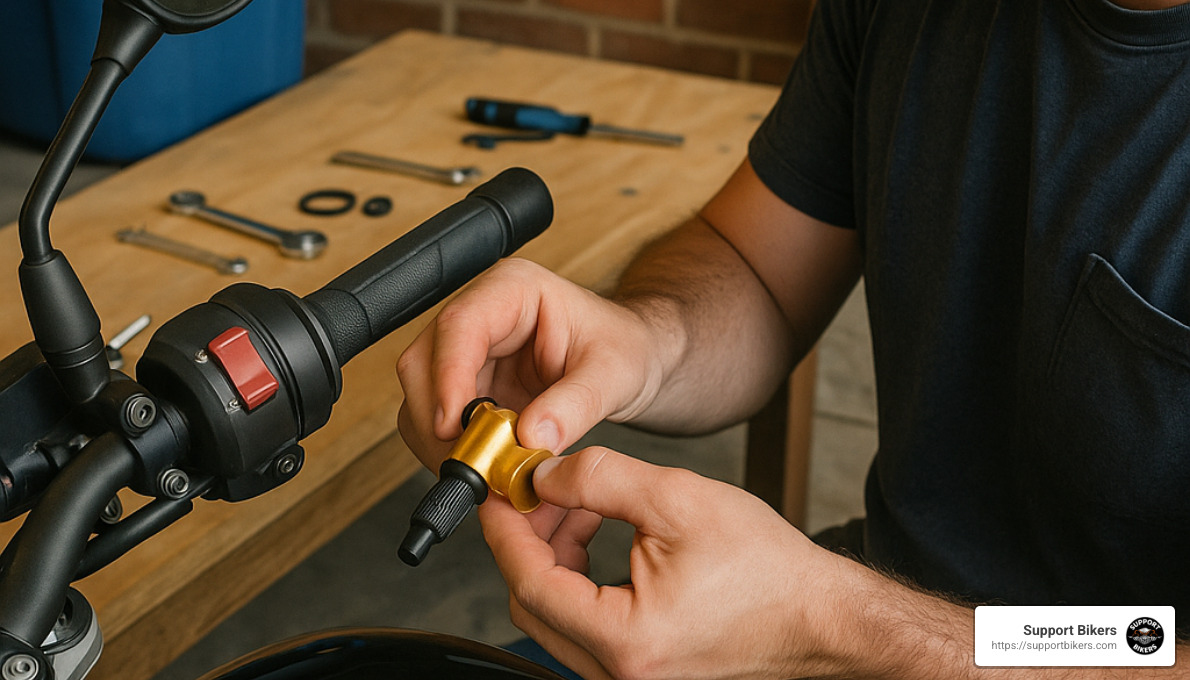 rider installing throttle lock - motorcycle cruise control throttle lock
