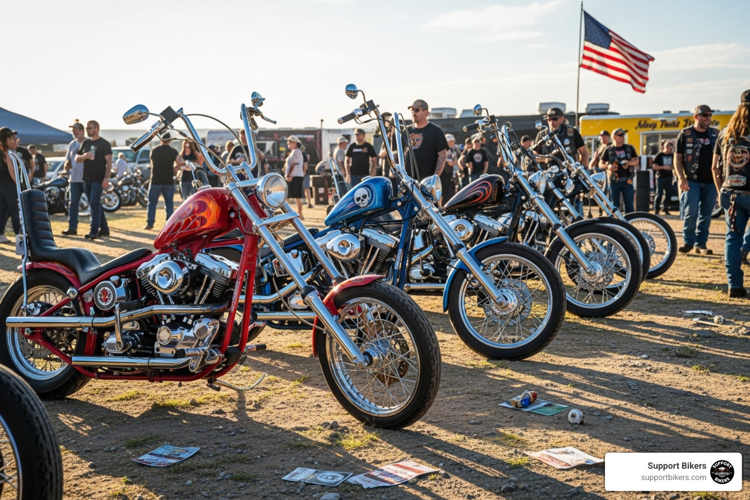 classic choppers lined up at a Support Bikers partner venue - Biketoberfest bike shows