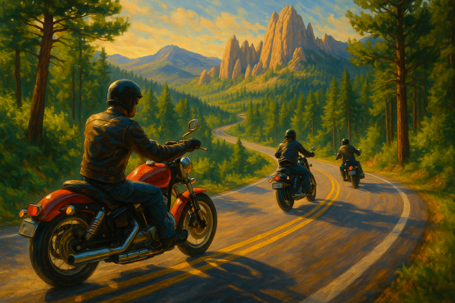 riders on scenic route in black hills - sturgis bike rally