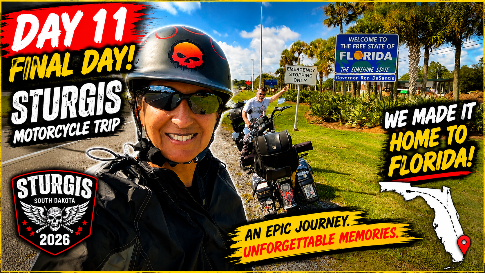 Biker standing on road pointing to Florida State Sign
