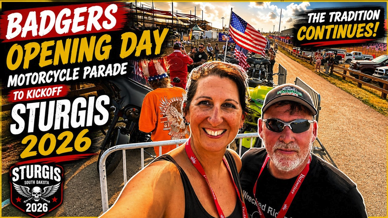 Bikers standing in front of a parade of bikes at Sturgis Buffalo Chip