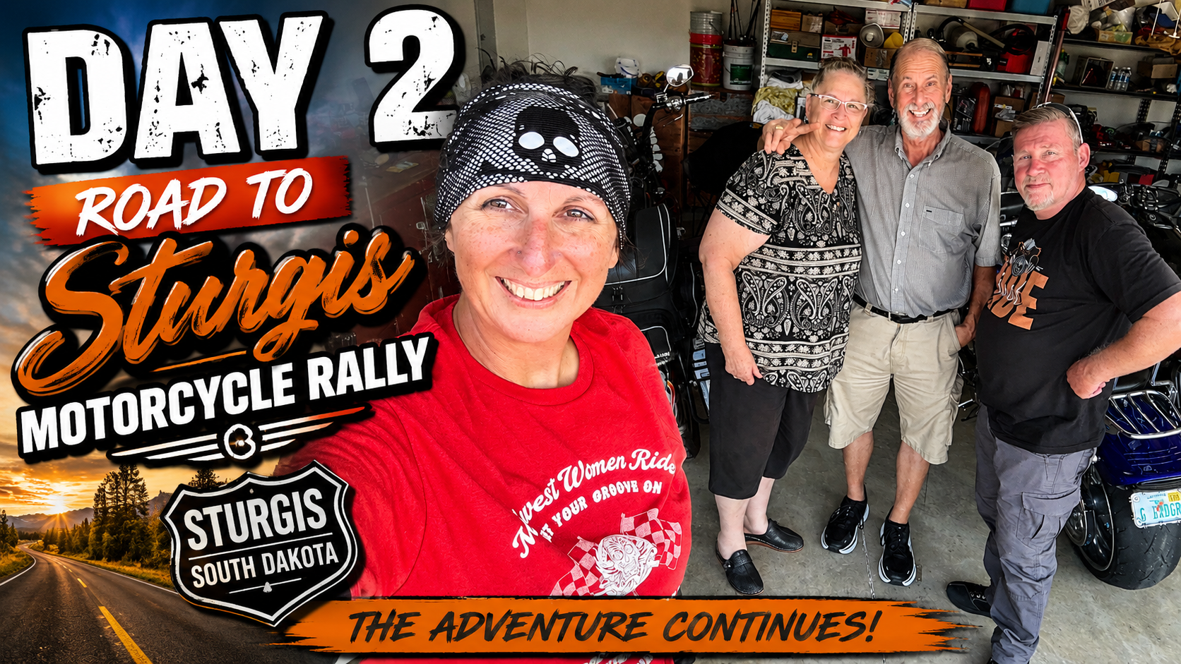 A biker family huddled together in a garage with bikes in the background - Sturgis Motorcycle Rally